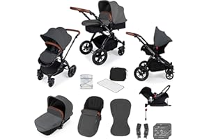 Ickle Bubba Stomp V3, Système de voyage tout-en-un incluant une nacelle, une poussette réversible et un siège auto Galaxy groupe 0+ avec base ISOFIX (Gris sur cadre noir)