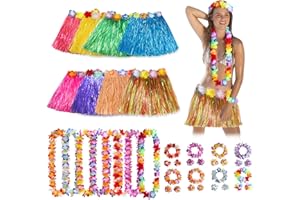 DONGQI 40 Piece Hawaiian Party Costume Set, Grass Skirt Set, with Hawaiian Hula, Flower Headband, Flower Bracelet, Necklace Garland for Women, Summer, Beach, Tropical Party Decoration