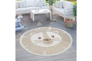 Paco Home Kids Rug Children's Room Round Play Mat Boy Girl 3D Effect Lion Beige, Size:Ø 160 cm round