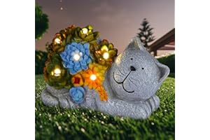 Mosii Solar Cat Garden Ornaments Outdoor, Cute Resin Garden Statue Figurine with 6 LEDs, Solar Garden Ornaments For Garden Decorations Home & Balcony Decor, Ideal Garden Gifts Cat Gifts for Women