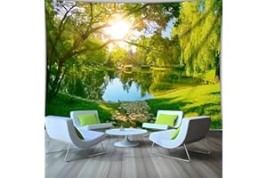 Arsey Naturlandschaft Wandteppich, Park mit See Sonnigem und Weidenbaum Wandteppiche Aesthetic Natur Wandtuch für Schlafzimmer Wohnzimmer Deko, Grün, 200x150cm