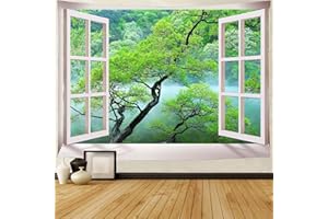 FENDROM Misty Lake Forest Tapestry Wall Hanging Nature Green Tree Landscape Window View Tapestries for Bedroom Living Room Dorm Decor