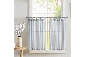 TOPICK Zazdrostki w paski, do rozpoczęcia szkoły, lniane zasłony z paskami, zasłona kuchenna, nieprzejrzyste, krótkie, do kuchni, jadalni, łazienki, na małe okno, 65 szer. x 90 wys. (cm) niebieskie na