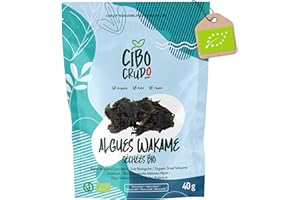 CIBO CRUDO CRUDO BIOLOGICO VEGAN Algue Wakame Bio - Qualité Premium - 40g. Wakame Algues Séchées au Soleil pour la Soupe Dashi or Miso. Wakame Algue.