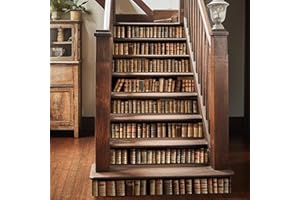 Neukids Vintage Black Stair Sticker Walnut Wood Grain Bookshelves Pattern, Self Adhesive Stair Riser Decals, Kitchen Bedroom Tile Sticker, Stair Fireplace Furniture Decoration 14Pcs 100x18cm