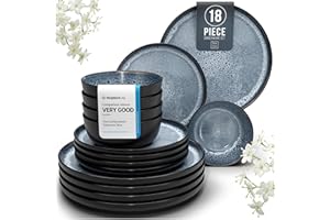 PURE LIVING INTERIOR DESIGN 18 Piece Dinner Sets for 6 People - Beautiful Mediterranean Style Stoneware Dinner Set for 6 - Dishwasher & Microwave Safe Plates and Bowls Set for 6 - Dinnerware Sets by Pure Living in Smokey Blue