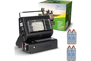 Z.M.C Z. M. C 2-en-1 Portátil Calefacción Y Cocina Con LPG Conexión + 4 Cartuchos de Gas 227g, Camping Calefacción 1,3 Kw, Móvil Calentador para Exterior Con Encendido Piezoeléctrico