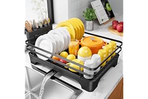 Kitsure Abtropfgestell Geschirr Geschirrgestell für die Küchentheke mit Besteckhalter, rostfreie Aufbewahrungslösung, Abtropfgestell mit drehbarem Halter, 46,5 cm x 30,5 cm x 14,0 cm, Schwarz