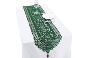 mookaitedecor 13x54 Inch Green Lace Table Runner for Wedding Festival Party Christmas Table Centrepiece Home Desk Decor, Vintage Elegant Floral Coffee Dressing Table Runner with Tassels