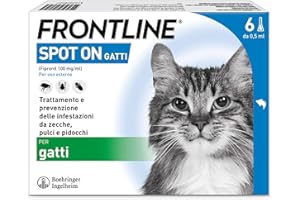 FRONTLINE Spot On, 6 Pipette, Gatto, Antiparassitario per Gatti e Gattini di Lunga Durata, Protegge da Zecche, Pulci e Pidocchi, Antipulci in Confezione da 6 Pipette da 0.5 ml