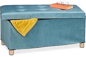 Relaxdays Pouf con Contenitore Vassoio, HxLxP: 34x76x38 cm, Sgabello Portaoggetti Salvaspazio, Panca, Velluto, Turchese, Fibra di Legno, 1 pz