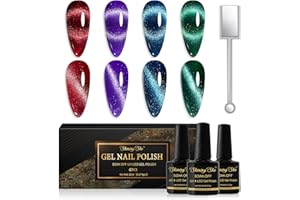 Shining She Cat Eye Gel Nail Polish, 4 Colours Red Purple Blue Green Magnetic Gel Nail Polish with Magnet Soak-Off UV/LED Chameleon Holographic Cat Eye Gel Polish for Nail Art Salon DIY Home, 8 ML