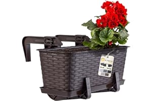 KADAX Jardinière Suspendue Extérieure 40 cm, Balconnière en Plastique Aspect Rotin avec Supports de Fixation Intégrés et Soucoupe (Marron)