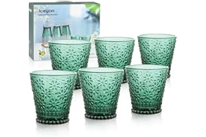 Joeyan 260ml Verres à Eau en Relief Fleur - Lot de 6 Gobelets Vintage en Verre Vert - Verres à Boire avec Base Lourde pour jus, lait, café, eau et cocktail