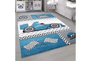 HomebyHome Tapis pour enfant bleu 120 x 170 cm Motif voiture de course Petit garçon Tapis de chambre Anti-allergène