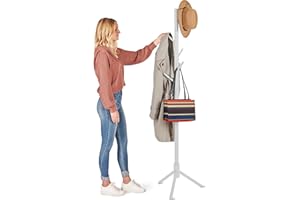 Verahaus High-Grade Wooden Tree Coat Rack Stand, 6 Hooks, Super Easy Assembly NO Tools Required, 3 Adjustable Sizes Free Standing Hallway Coat Hanger Hat Stand (White)