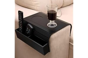 JIAMIAN Stoł Na Ramię Sofy, Drewniana Taca na Ramię Sofy, Składana Taca na Podłokietniki Sofy, Organizator Stołu Podłokietnika z 2 Kieszeniami i Uchwytem na Napoje, Przekąski i Pilot