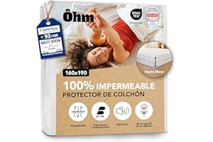 Protector Colchón 160x190 cm | Cubrecolchón Impermeable e Imperceptible | Algodón Hipoalergénico y Absorbente | Antiácaros | Forma de Bajera | hasta 40 cm | Funda Transpirable | Oeko-Tex | Ôhm