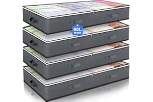 Budding Joy 4 Pack Underbed Storage, 90L Large Under Bed Storage Box with Lid, Clothes Storage Bags with Clear Window and Reinforced Handles for Blanket, Clothes, Comforters, Grey
