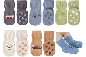 Exemaba Baby Socks with Grips for Girls Boys 5 Pairs Cute Animal Cartoon Toddler Kids Anti-Slip Socks