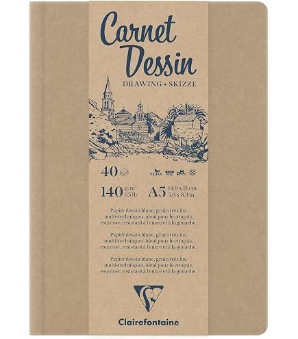Clairefontaine 960082C Cuaderno Con Espiral Microperforada Goldline - 40 Hojas Papel De Dibujo Multitécnico Blanco - 17,8 X 25,4 Cm 250 G - Formato Vertical - Tapa Dura Negra Imitación De Lienzo
