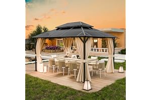 UDPATIO Gazebo in policarbonato, 3 x 4 m, doppio tetto con tende, gazebo da giardino in metall, impermeabile, stabile, resistente all'inverno, protezione UV 6 x 6 cm, per giardino, terrazza,Champagne
