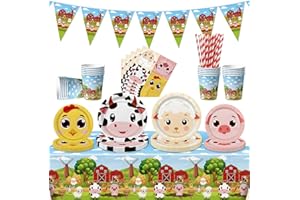 APUXXJUPA Forniture per feste di compleanno della fattoria, inclusi tovaglioli della fattoria, piatti con animali della fattoria, tovaglia, striscione e stoviglie per decorazioni di compleanno a tema