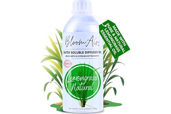 BloomAir Lemongrass Natural Diffuser Oil for Home Fragrance, 1 Litre Refill, Water-Soluble, Strong & Long-Lasting Aroma Infused with 3X Hyper Boost Action for use in Home and Office