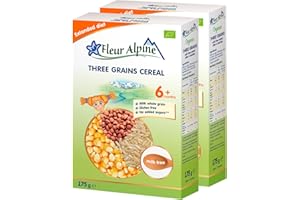 Organiczna kaszka trójziarnista bez nabiału FLEUR ALPINE Zestaw 2, Kleik dla niemowlaka z bifidokulturami, łatwa w przygotowaniu kaszka bezglutenowa bez dodatku cukru, Dla dzieci od 6 mies., 2x7 porc