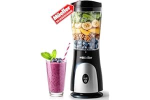 Mueller Smoothie Blender for Smoothies - Personal Blender for Shakes, Frozen Drinks, Baby Food & More, 15oz Travel Cup and Lid, Durable Stainless Steel Blades for Powerful Blending Performance, Black