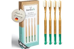 BAMBUNA Bambus Zahnbürsten 2x 4er Set mittelweich mit dezenter Kennzeichnung - Zahnbürste plastikfrei - Zahnbürste aus Bambus mit Borsten aus Rizinusöl - plastikfreie Zahnbürste - Made in Germany