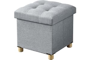BRIAN & DANY Folding Storage Ottoman with Wood Legs, Linen Foot Stool, Storage Chest with Highly Elastic Sponge Filling, Light Gray, 38 x 38 x 38 cm