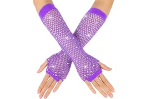Yolev Netzhandschuhe Lange Fischnetz Fingerlose Handschuhe Netzhandschuhe für Damen mit Strass Fishnet Glänzende Modische Opernhandschuhe für 80er Jahre Kostümparty Halloween Cosplay Zubehör