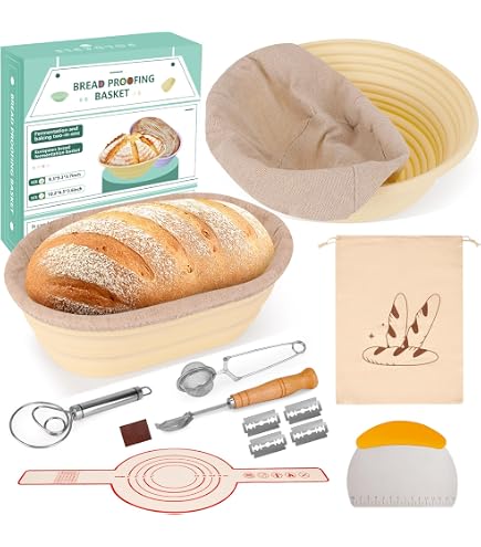 9-teiliges Brotbackset – Mit 2 Silikon Gärkörben, Teigschaber, Brotmesser, Gärglas & Mehr