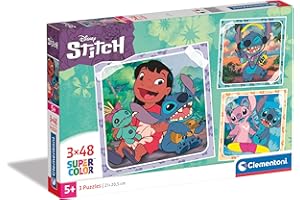 Clementoni- Disney Stitch Supercolor Stitch-3x48 (Include 3 48 Pezzi) Bambini 5 Anni, Puzzle Cartoni Animati, Made in Italy, Multicolore, 25321