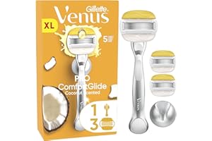 Gillette Venus Pro ComfortGlide Coconut Scented Women’s Razor with Olay Moisturiser, 1 Refill Razor Cartridges, Reusable Metal Handle and Shower Holder