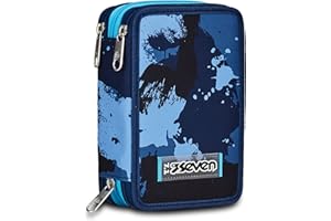 Seven Astuccio Scuola 3 Scomparti, Blu, Inky Shadow, Portapenne Triplo Scomparto Completo Di Penne, Matite, Colori, Accessori Zaino, Elementari, Medie, Superiori, Bambino Ragazzo