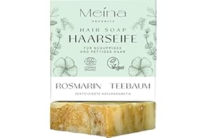 ‎MEINA Meina Bio Haarseife für fettiges Haar gegen Schuppen mit Rosmarin und Teebaum, Organic Zertifiziert, Vegan, Handgemacht, Plastikfrei, Ohne Palmöl, Wie ein festes Shampoo, 80g