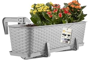KADAX Maceta de Plástico Imitación Ratán, Macetero Rectangular con Platillo y Soportes para Exterior, Jardinera Colgante para Balcón (Gris, 60 cm)
