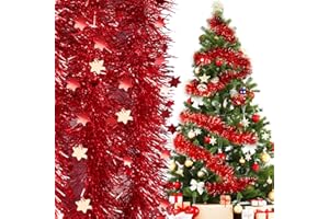 COLOFALLA 2m*6pcs Espumillón Rojo Árbol Navidad con Estrellas Guirnalda Oropel Navidad Rojo para Decoración Navidad Ventana Pared Adornos Navideños