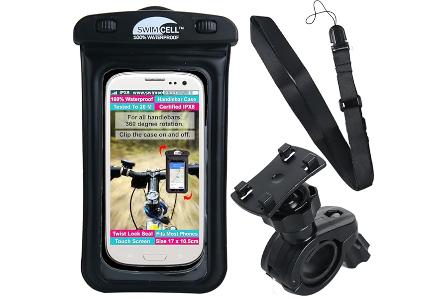 SwimCell Waterproof Bike Phone Holder - Secure Handlebar Mount for iPhone, Samsung, Android - All Weather Protection Bicycle Phone Holder Waterproof - Cycling Accessory - Max Phone size 16cm Black