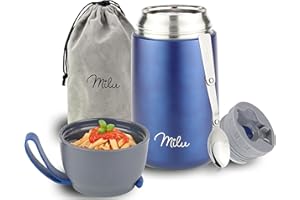 Milu Boîtes Alimentaires Isothermes 450ml I 650ml I 800ml, Boîte Isotherme Repas Chaud Porte-Aliments en Acier Inoxydable à Double Couche, Cuillère Pliante pour Ecole, Bureau (800ml/Bleu marine)