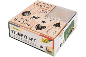 folia 31108 - Holzstempelset Christmas, inklusive 10 Holzstempel und 2 Stempelkissen - ideal zum Verzieren von Karten, Freundschaftsbüchern, für Lettering und Scrapbooking