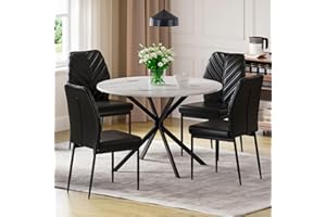 Hello-5ive 5-Piece Dining Table and Chairs Set, Dining Table Set Kitchen Furniture, Round Marble Effect Dining Table with 4 Leaf Pattern Dining Chairs,Modern Dining Room Set for Home Kitchen