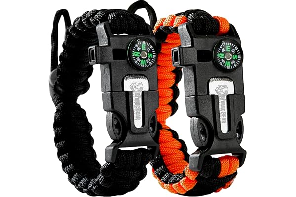 Lot de 2 bracelets de survie Cobra, Paracord + boussole + allume-feu + sifflet fort + couteau d'urgence, équipement de randonnée, de camping, de pêche, de chasse, noir + noir et orange