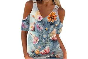 AMHOMELY Ladies Tops Sale Clearance Women Summer Sexy T Shirt Cold Shoulder Pullover Blouse V-Neck Short Sleeve Printed Tops Tunic Tops Summer Loose Tees Shirts Pullover UK