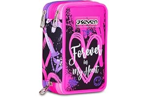 Seven Astuccio Scuola 3 Zip, Rosa, Portapenne Triplo Scomparto Completo Di Penne, Matite, Colori, Accessori Zaino, Scuole Elementari, Bambina