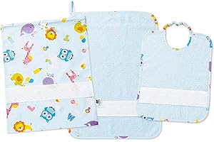 FILET - Set Asilo 3 Pezzi Fantasia Lettere e animali cielo con Tela Aida da Ricamare, Composto da Sacchetto, Asciugamano e Bavaglino in Spugna Colorata Cielo, 100% Cotone, Made in Italy