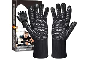 Hoxida BBQ Gloves Oven Mitts Extreme Heat Resistant, Heat Proof Grill Glove, Non-Slip Silicone Barbecue Gloves for Cooking BBQ Baking, Black