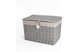 green leaves Large Wicker Basket with Lid with Liner Trunk Baby Nursery Toys Blanket Storage Chest Basket (Grey, Large)